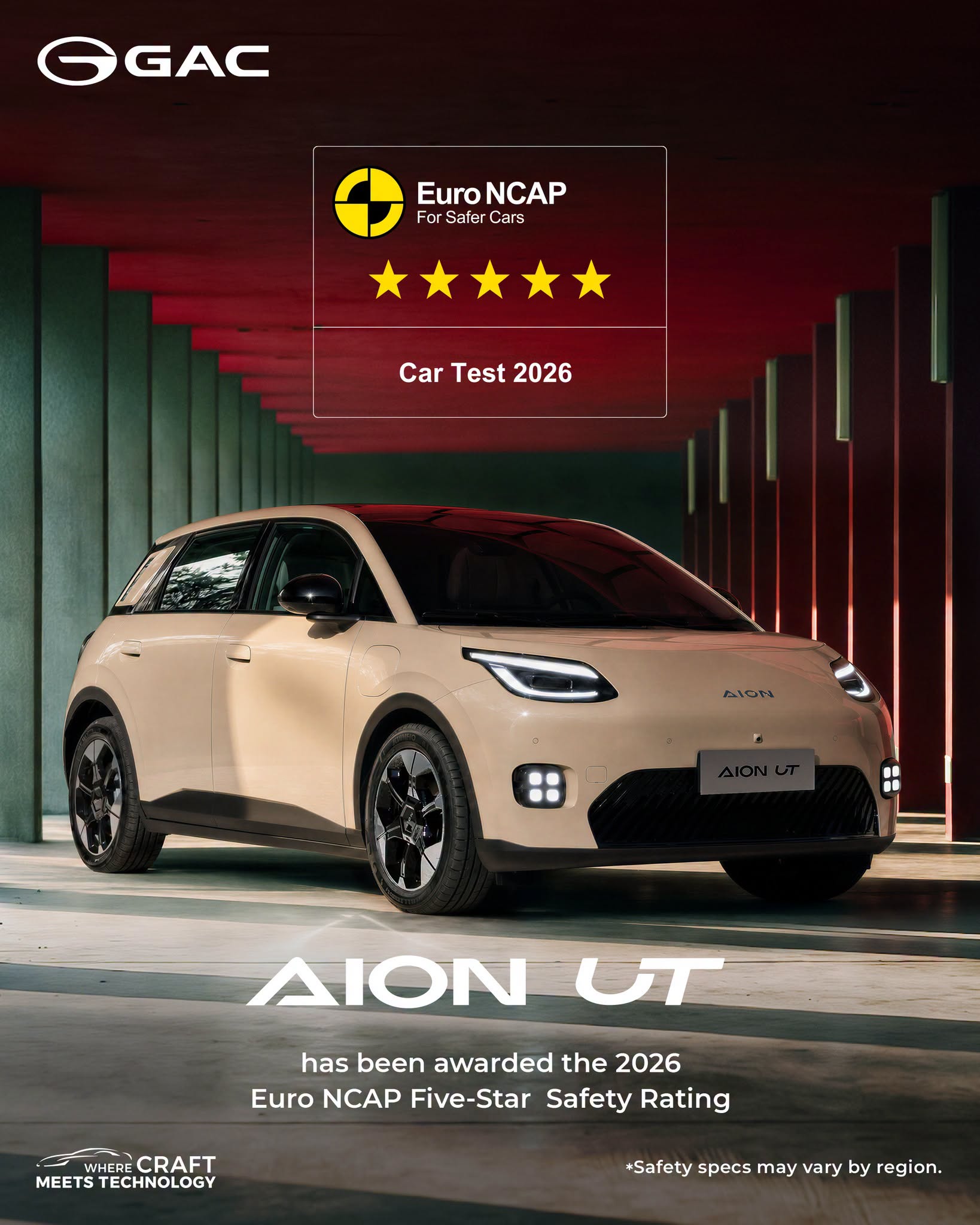 GAC Aion UT تحصد التقييم الأعلى بـ 5 نجوم في اختبارات السلامة الأوروبية (Euro NCAP)